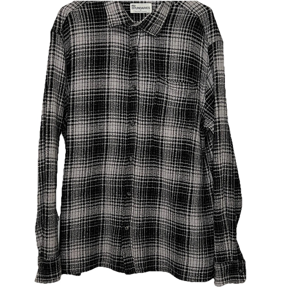 No Boundaries Button Long Sleeve Shirt Textured Woven Plaid Black Gray Men XL